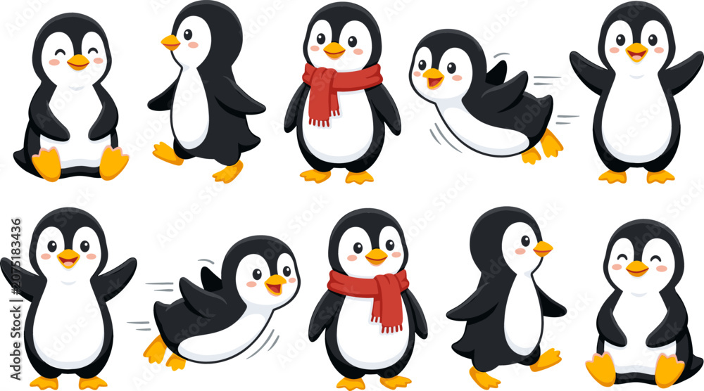 Obraz premium Cute Penguin Animal Character Vector Set Featuring Various Poses Sitting Sliding Waving and Wearing Red Scarf for Winter and Christmas Graphic Designs