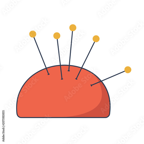 Red pincushion with sewing pins vector illustration