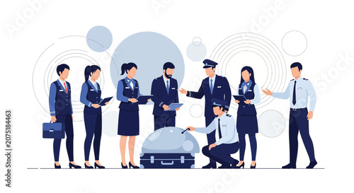 Airport Security Team Inspecting Luggage with Pilot and Crew Interaction