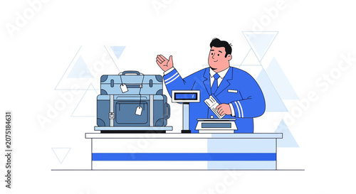Airport staff checking baggage on scale, travel check-in counter illustration