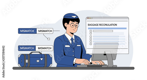 Airport staff checking baggage reconciliation on computer, travel concept