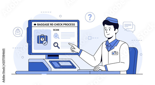 Airport Staff Checks Luggage on Computer - Baggage Re-Check Process
