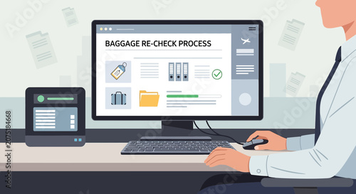 Airport staff managing baggage re-check process on computer | Vector illustration