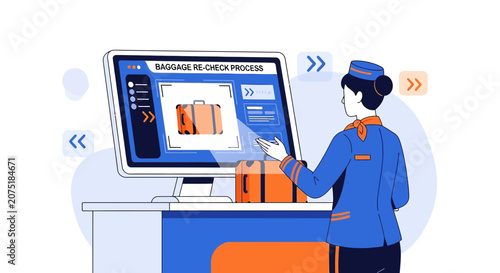 Airport Staff Checks Luggage on Computer Screen, Travel Baggage Re-Check Process