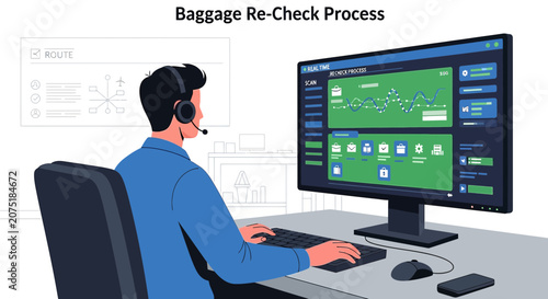 Airport Staff Managing Baggage Re-Check System on Computer