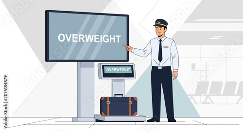 Airport Staff Points to Overweight Luggage Display with Suitcase on Scale