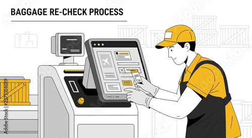 Airport staff re-checking baggage at self-service kiosk for travel
