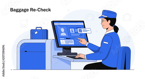 Airport Staff Re-Checking Luggage at Computer Terminal