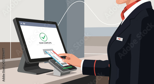 Airport Staff Scans Boarding Pass at Check-in Terminal. Travel Concept.