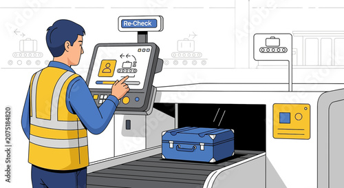 Airport worker checks luggage on conveyor belt  Security screening process