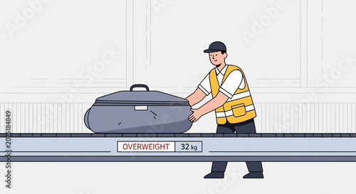 Airport worker handling overweight luggage on conveyor belt