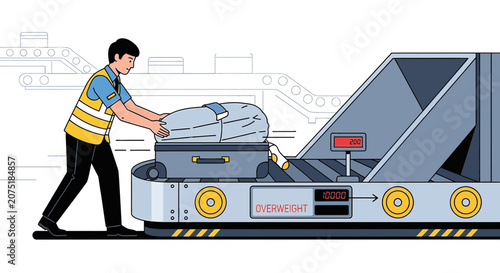 Airport worker loading luggage on conveyor belt scale for check-in.