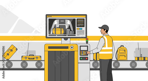Airport security screener watching X-ray of luggage on conveyor belt.
