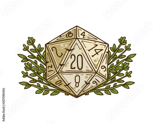 D20 dice with green leaves branches. Fantasy rpg tabletop game nature druid herbal element. D20 dice set