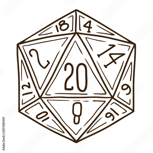 D20 dice outline, twenty sided polyhedral game dice sketch. Tabletop rpg board game gambling luck chance random number generator. D20 dice