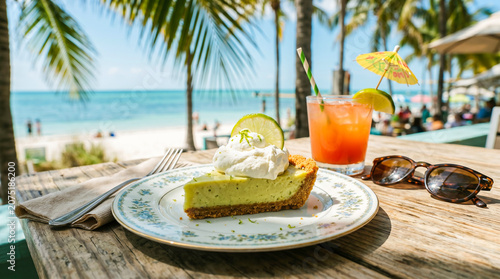 Slice of Classic Florida Key Lime Pie by Tropical Beach with Ocean View