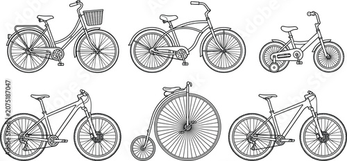 Foto Line art vector illustration of different types of bicycles and vintage high whe