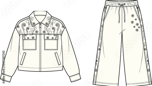 Konstfotografi Fashion technical sketch of women zip up jacket and sweatpants set with botanica