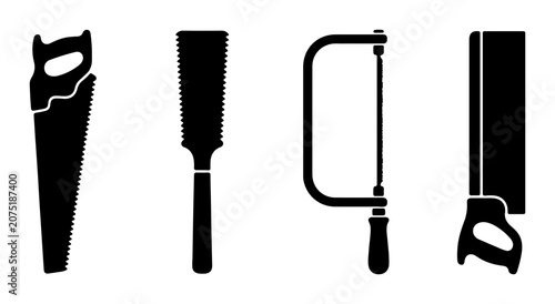 Billede på lærred Set of Four Black Saw and File Tools, Handheld Woodworking Implements, Construct