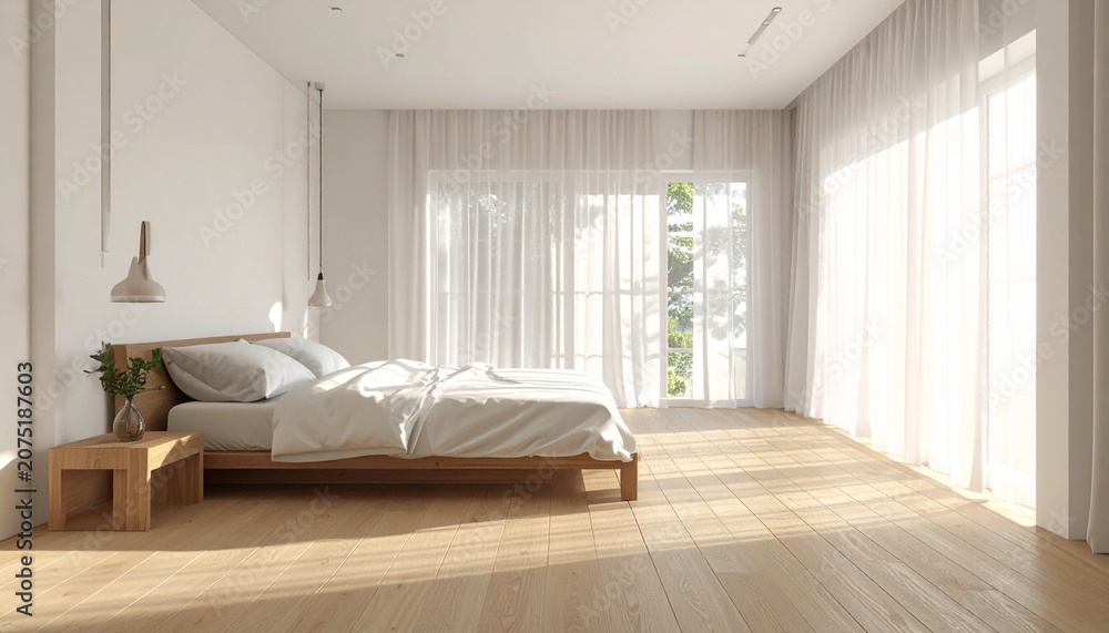 Fototapeta premium Serene Morning Light in Minimalist Japandi Bedroom Interior