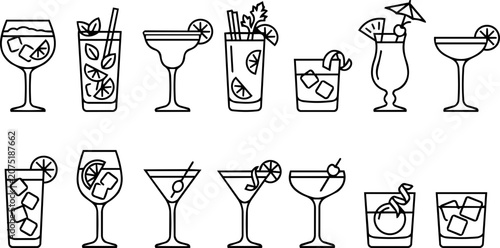 Cocktail Line Art Icon Set with Martini, Mojito, Margarita, Negroni, Spritz and Classic Mixed Drinks