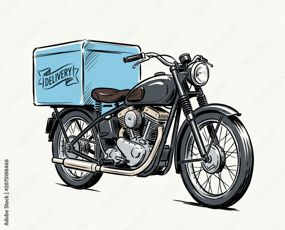 Obraz premium Delivery motorcycle, vintage bike, courier transport, retro vehicle illustration, hand-drawn sketch, food delivery, logistics art, ink design