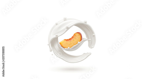 Distant shot of a peach slice smoothly enveloped by a pure white milk wave