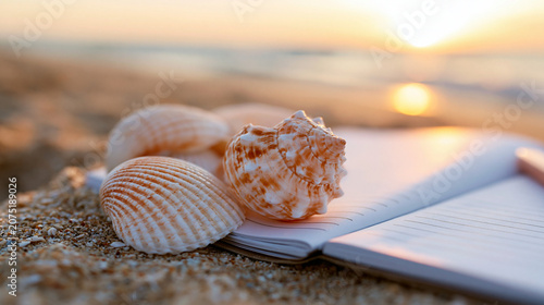 Shells and notebook on sandy beach during sunset  