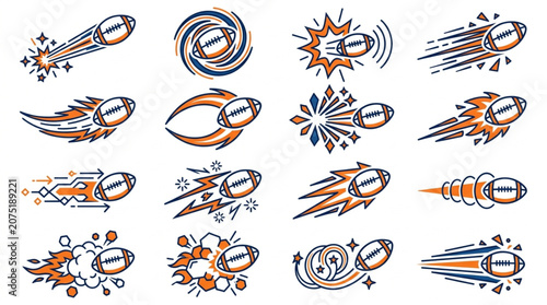 Collection of American Footballs in Motion with Dynamic Effects.