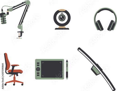Various office equipment and gadgets displayed on a white surface