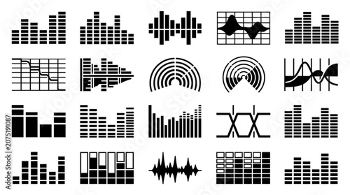 Photos Collection of audio visualizers and sound wave graphics.