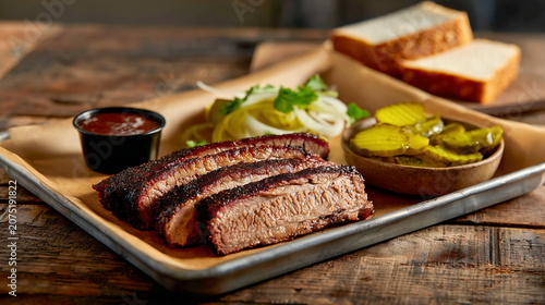 Texas Smoked Beef Brisket Platter with Pickles White Bread and Barbecue Sauce