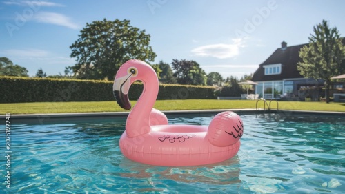 Pink flamingo inflatable float bobs in clear blue swimming pool water under sunny sky. Lush green hedge and manicured lawn surround pool. A large house and trees are visible in background.