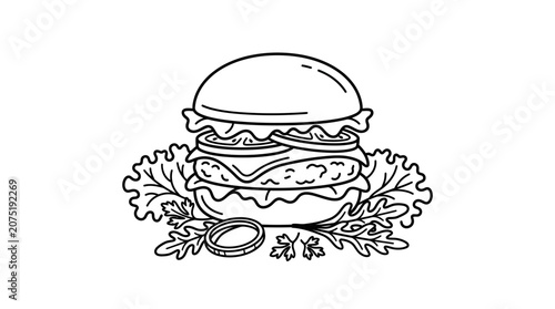 Outline Drawing of a Tasty Burger with Fresh Vegetables