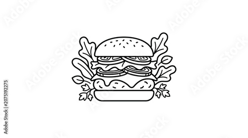 Outline Illustration of a Fresh Burger with Lettuce and Tomato