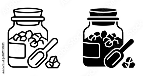 Cuadro en lienzo Glass Jar with Cork and Scoop, Sugar Cubes, Sweetener, Ingredient Storage Icons