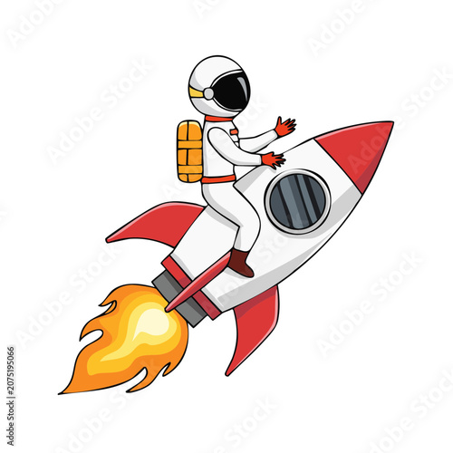 Cartoon astronaut riding a rocket in space