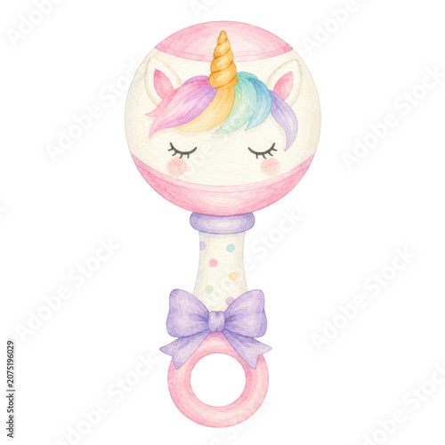 Cute baby unicorn, soft watercolor illustration, pastel rainbow mane, golden horn, rosy cheeks, adorable nursery clipart