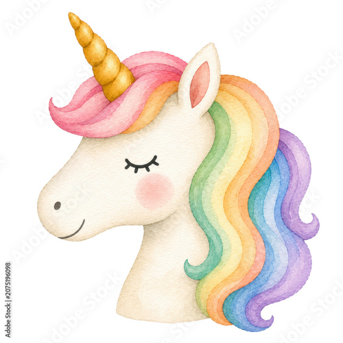 Cute baby unicorn, soft watercolor illustration, pastel rainbow mane, golden horn, rosy cheeks, adorable nursery clipart