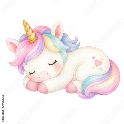 Cute baby unicorn, soft watercolor illustration, pastel rainbow mane, golden horn, rosy cheeks, adorable nursery clipart
