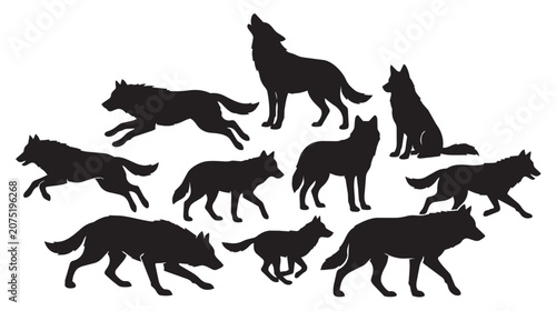 Foto Wolf silhouette collection, 10 wild animal vector elements, howling and running