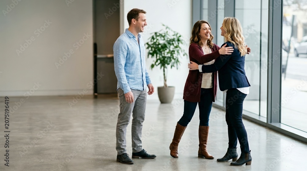 Fototapeta premium Friends greeting each other with a warm hug in a modern lobby. Happy reunion of three adult friends in a bright spacious hall