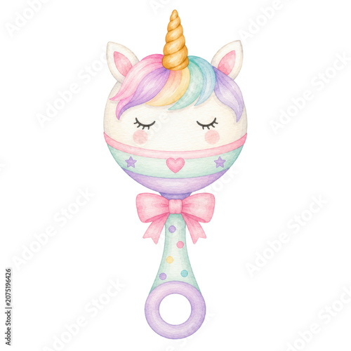 Cute baby unicorn, soft watercolor illustration, pastel rainbow mane, golden horn, rosy cheeks, adorable nursery clipart