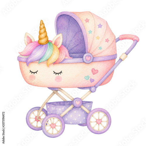 Cute baby unicorn, soft watercolor illustration, pastel rainbow mane, golden horn, rosy cheeks, adorable nursery clipart