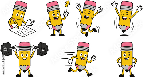 Set of cute pencil character in various poses and situations, isolated on transparent background