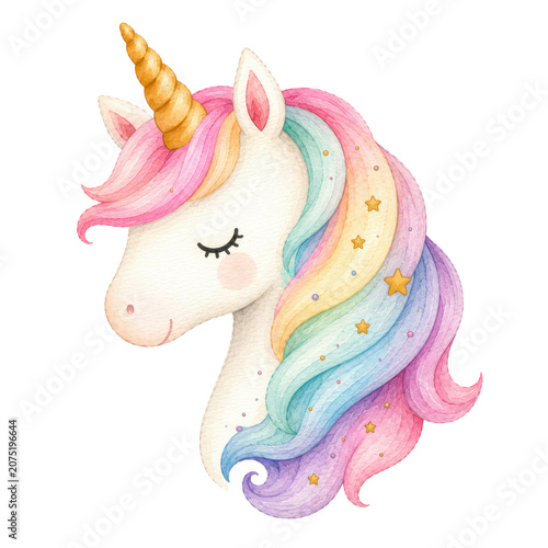Cute baby unicorn, soft watercolor illustration, pastel rainbow mane, golden horn, rosy cheeks, adorable nursery clipart