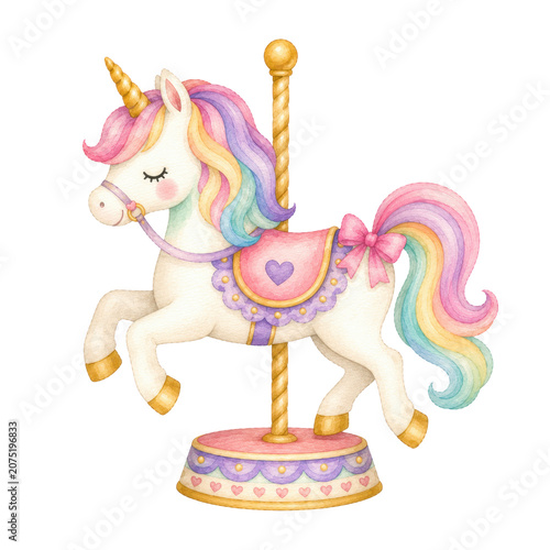 Cute baby unicorn, soft watercolor illustration, pastel rainbow mane, golden horn, rosy cheeks, adorable nursery clipart