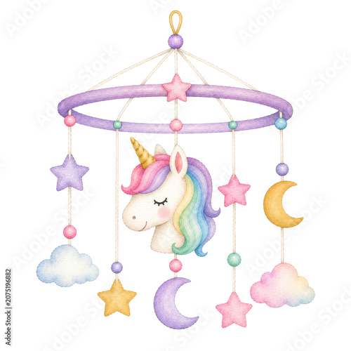 Cute baby unicorn, soft watercolor illustration, pastel rainbow mane, golden horn, rosy cheeks, adorable nursery clipart