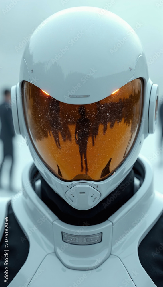 Fototapeta premium Futuristic astronaut helmet close up with orange visor reflecting a cityscape. White sleek space suit detail. Futuristic gear for space exploration adventure.