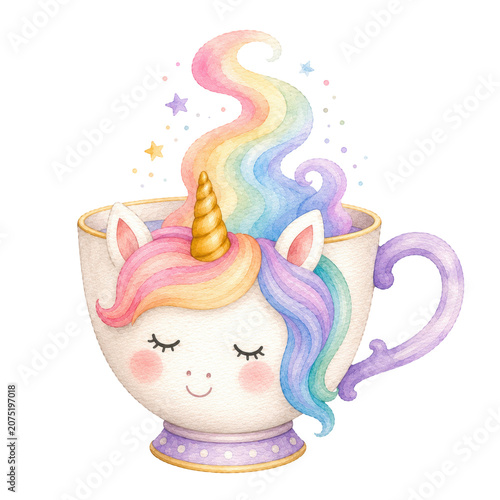 Cute baby unicorn, soft watercolor illustration, pastel rainbow mane, golden horn, rosy cheeks, adorable nursery clipart